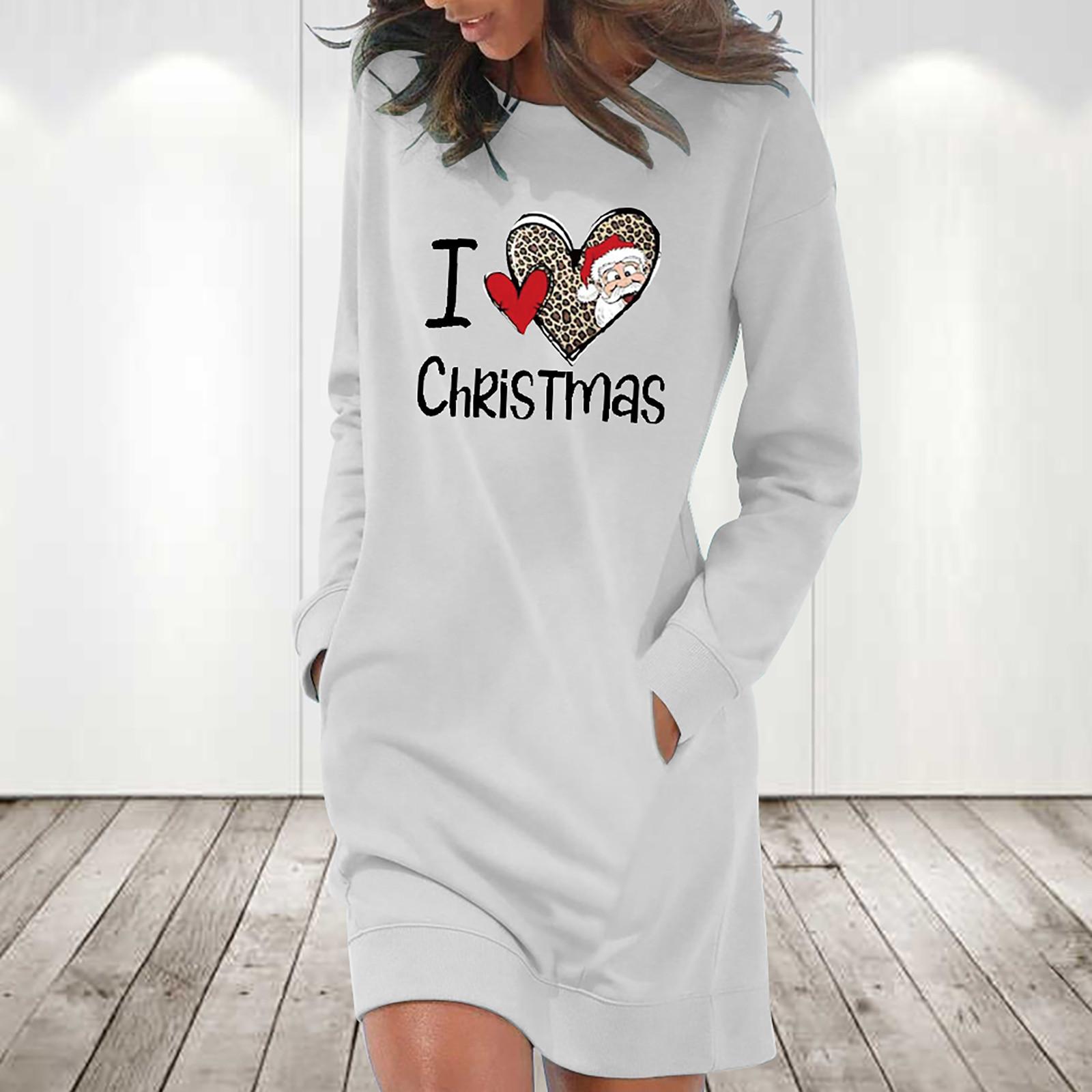 

Женское повседневное однотонное платье с длинным рукавом и круглым вырезом, карманом, с Рождеством XL белый