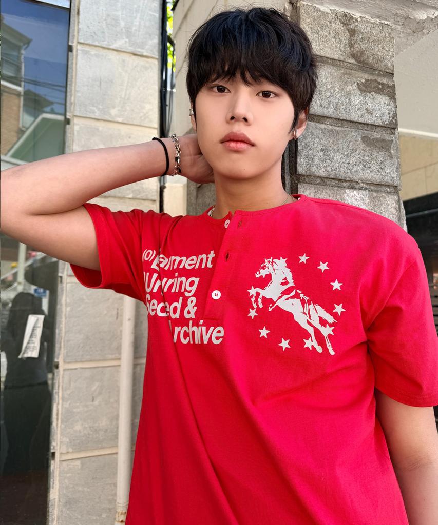 Eontaiteulseoul Unicorn Henley Neck Crop Short Sleeve Red