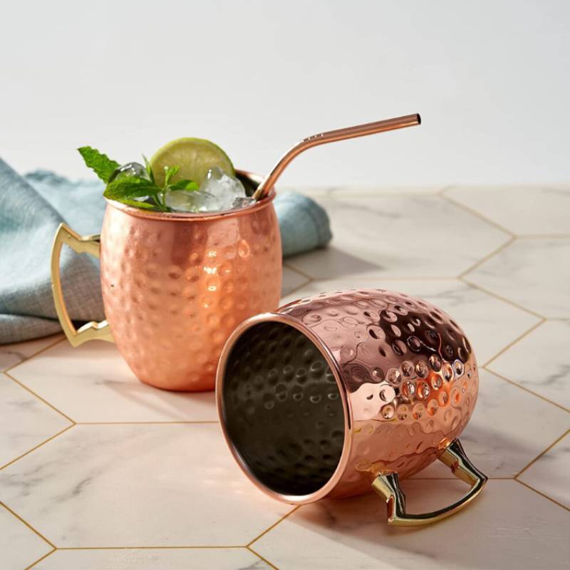 Cocktail Steel Stainless Glass With Hammered Design And Straw For Daily Use