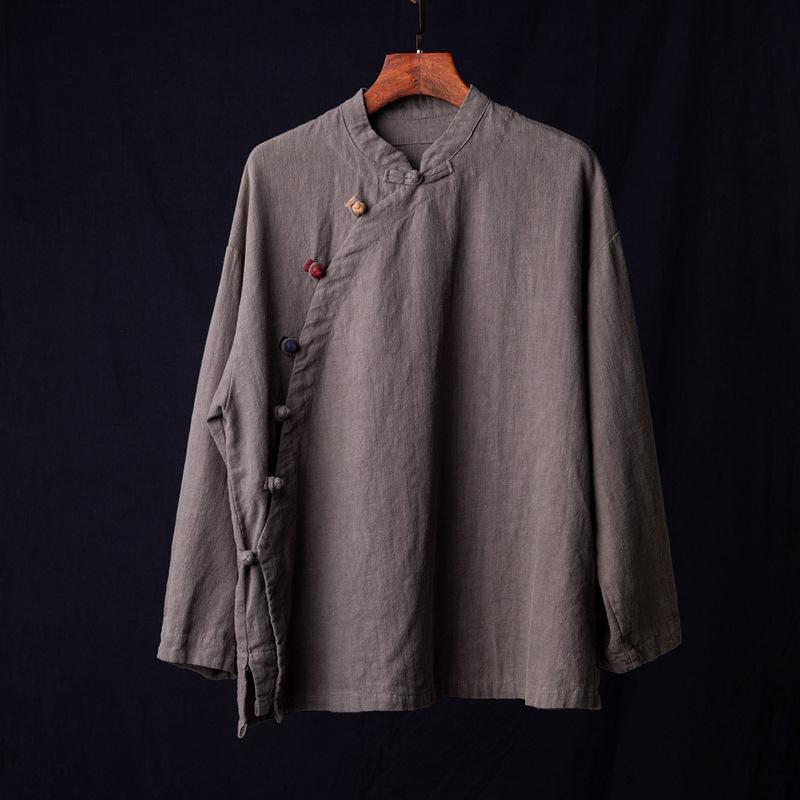 Artistic Retro Chinese Style Women's Ramie Frog Button Long Sleeve Shirt for Spring and Autumn Tea Ceremonies