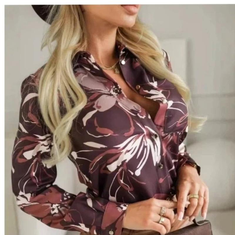 Spring New Women s Shirts New Printed Long-sleeved Lapel Casual Shirts S