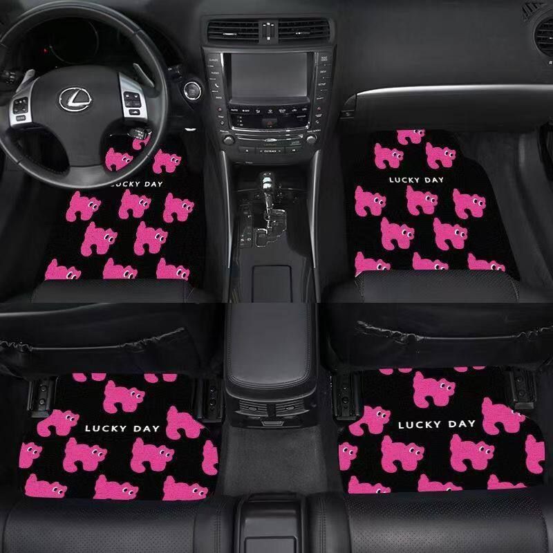 Cute Girl Car Floor Mat, Single-Piece Silk Loop Dust-Removing Mat, Wear-Resistant Protective Mat, Universal Car Interior Foot Mat Black Base Pink Cat - Full Car Set of Four