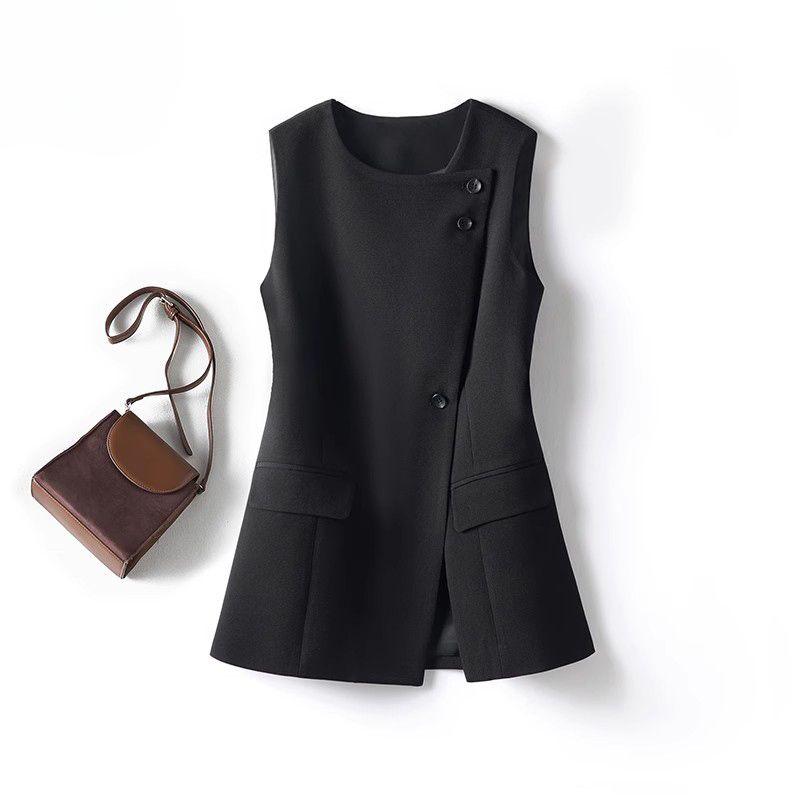 Schwarze Slim Fit Weste Damen Asymmetrische Elegante Weste mit Futter Frühlingsmode