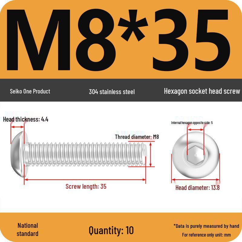 304 Stainless Steel Pan, Half, and Round Head Hexagon Screws (M2-M12)