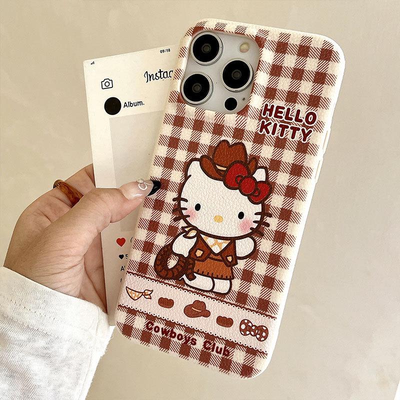 New Checked Denim Kt Cat Suitable for Iphone16promax Leather Pattern Apple 15 Protective Cover 14