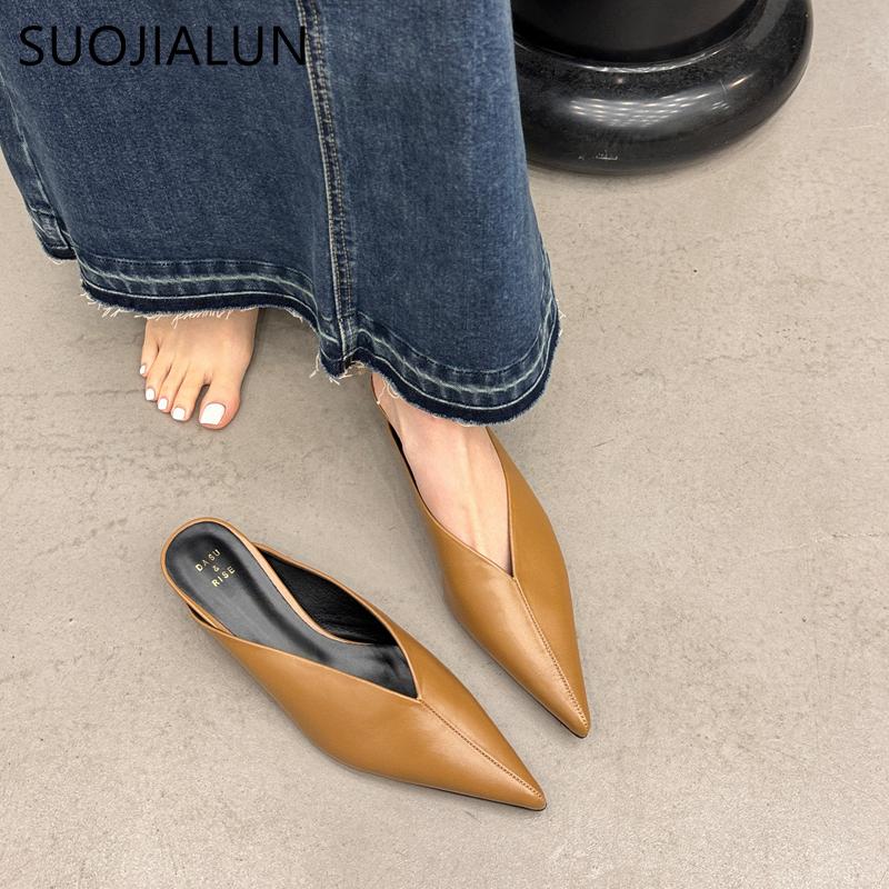 Fashion SUOJAILUN 2024 Sping New Brand Women Mules Shoes Fashion Pointed Toe Shallow Slip On Slipper Shoes Thin Low Heel Dress Sandal