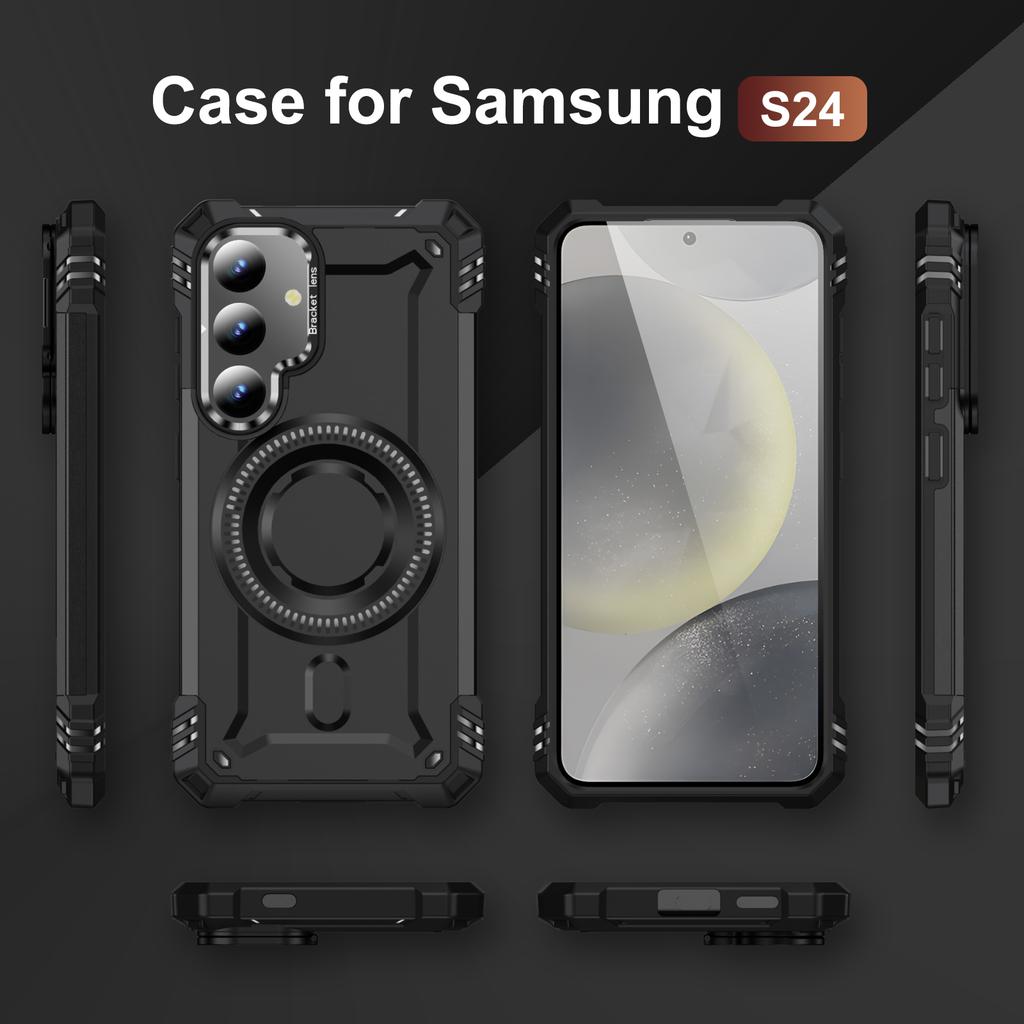 For Samsung Galaxy S24 Magnetic Case Lens Kickstand PC+TPU Shockproof Phone Cover