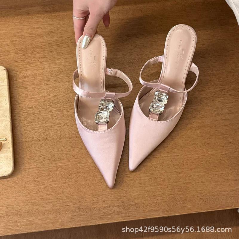 New Satin Pointed Toe Rhinestone High Heels Women Back Strap Stiletto Slip On Pumps