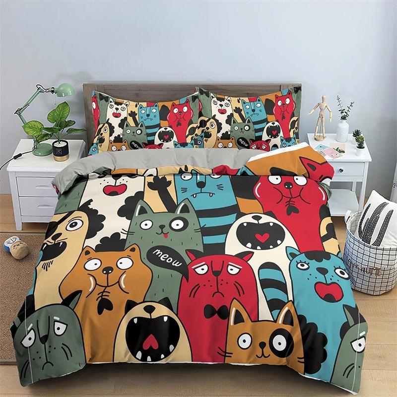 Copripiumino Re Regina Gatto Cartone Animato Colorato Adorabile Set Biancheria da Letto Animale Bambini Animale Domestico Gattino Copripiumino Morbido Poliestere Copripiumino