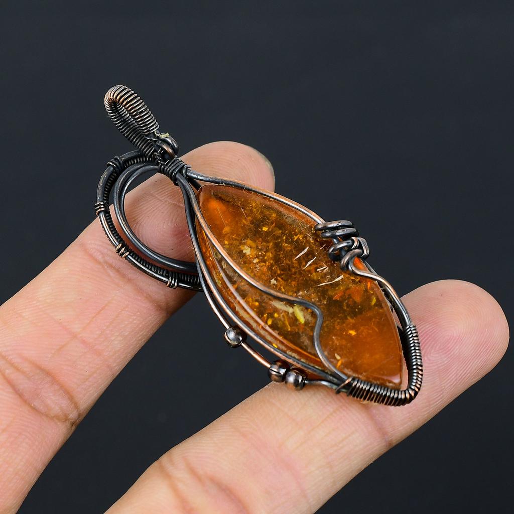 Natural Baltic Amber Gemstone Handmade Copper Wire Wrap Pendant 2.76" O3E20