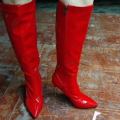 Reißverschluss Damen High Boots Sexy Herbst Winter Schuhe Spitze Zehe Schwarz Weiß Rot Absatz Kniestiefel Damenschuhe Große Größe 48