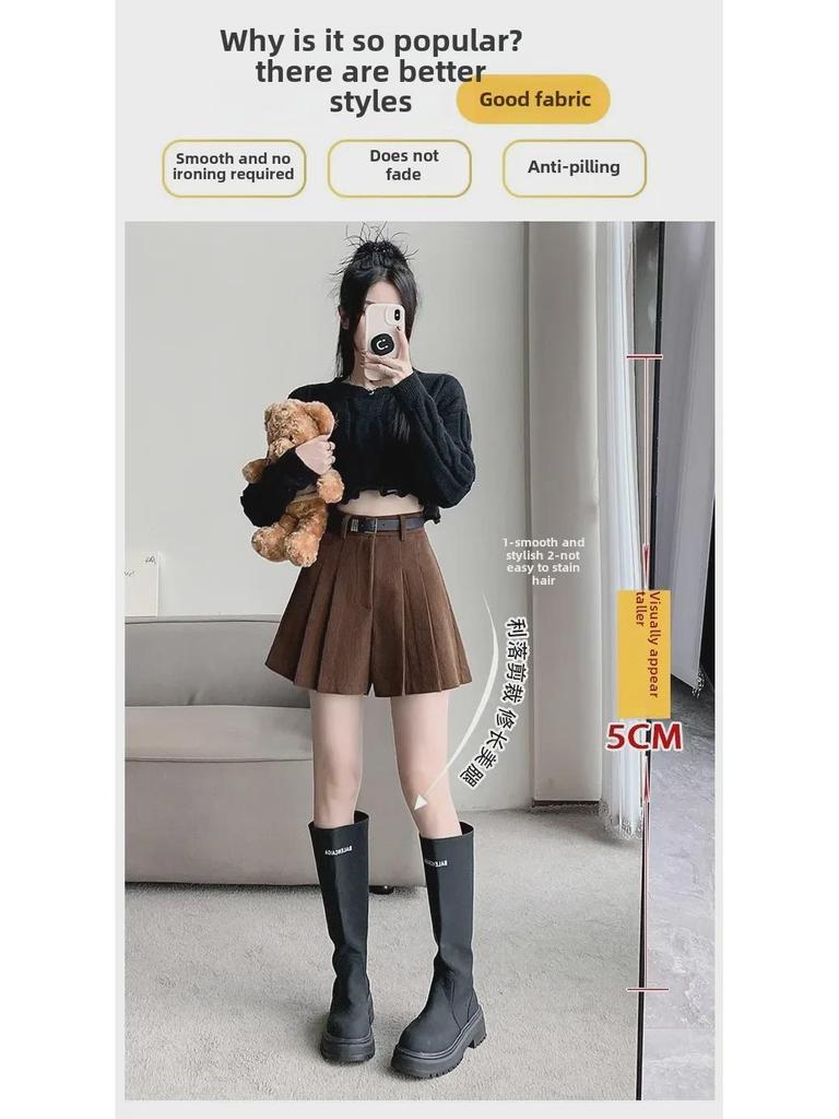 Women's High-Waist Corduroy Pleated Shorts - 2024 Spring Collection, Slimming Wide-Leg Casual Booty Shorts for Petite.