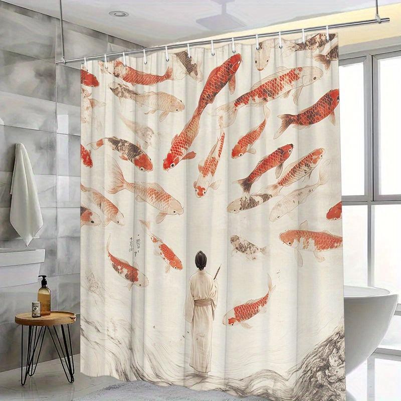 1pc Koi Fish Shower Curtain - Japanese Scene, Red & Orange Fish, Serene Landscape, Polyester,  Washable