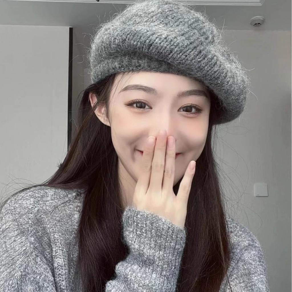 Französischer lässiger Damen Mohair Wollmischung Gestrickte Baskenmütze Mütze Beanie Winter