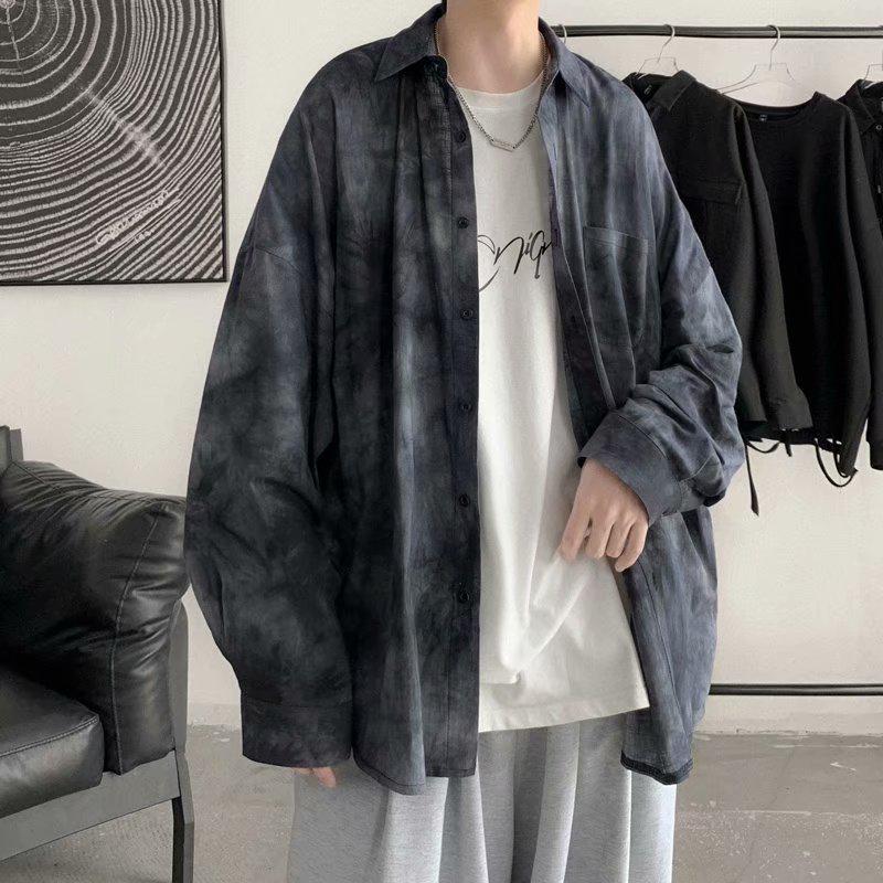 Men's Tie-Dye Long-Sleeve Floral Shirt - Trendy Hong Kong Style, Loose Fit, Casual Punk Fashion for Autumn