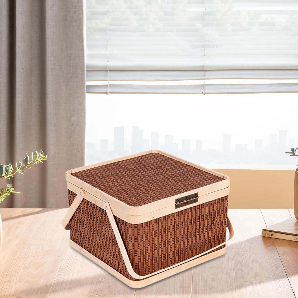 Bamboo Basket Woven Picnic Egg Storage Holder Sturdy Portable with Lid and Handle for Bread