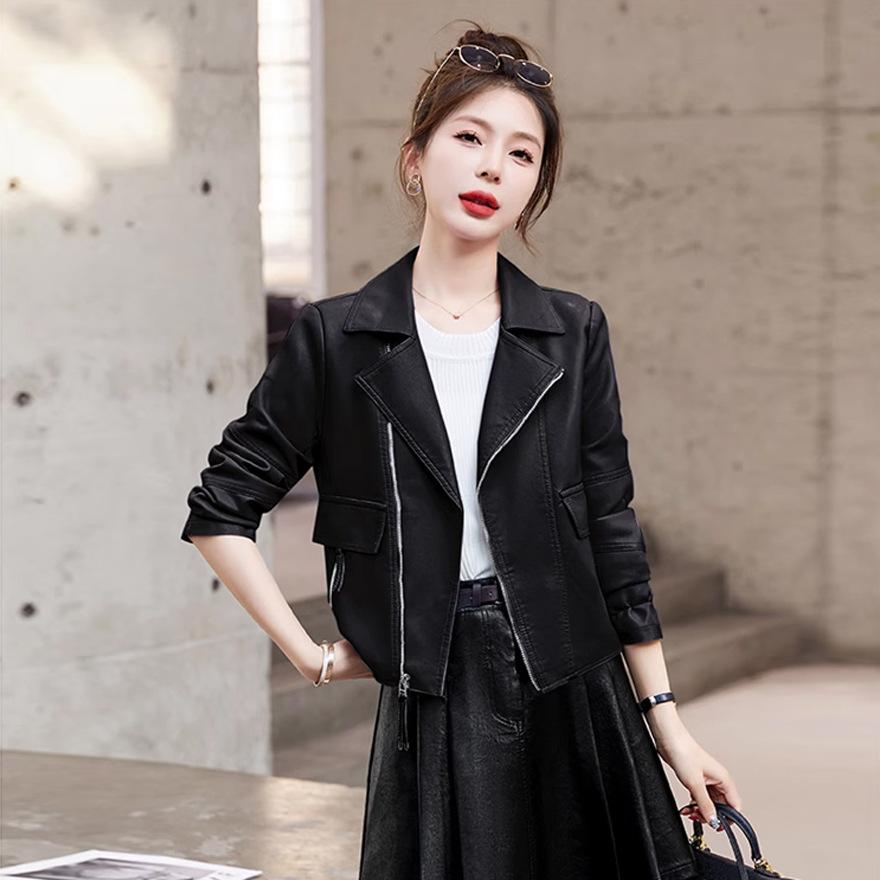 

Фиолетовая кожаная куртка короткое пальто женская весна и осень новая приталенная модная кожаная куртка-косуха популярная кожаная куртка XXL чёрный