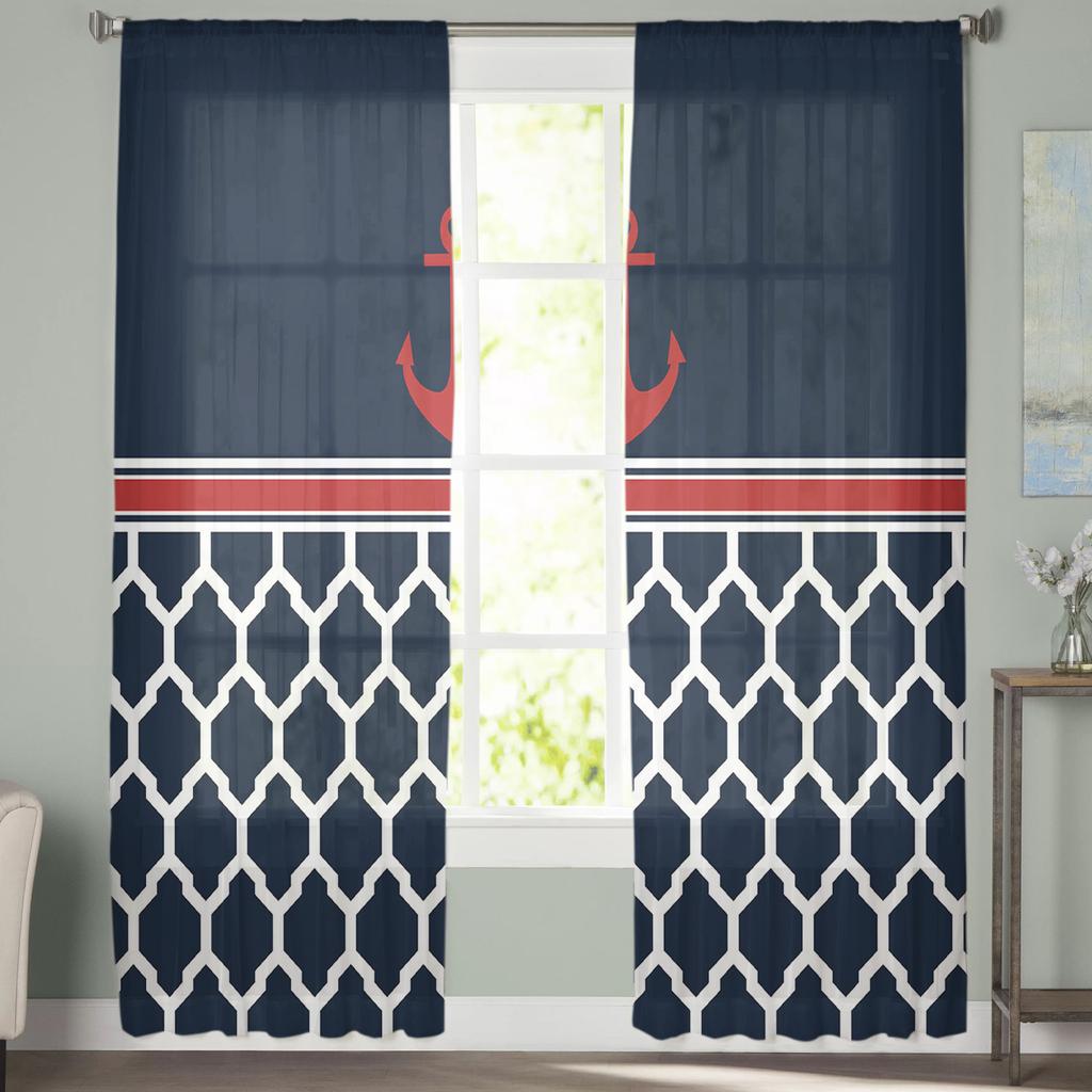 Navy Striped Anchor Sheer Curtains For Living Room Bedroom Kids Room Tulle Window Treatment Drapes