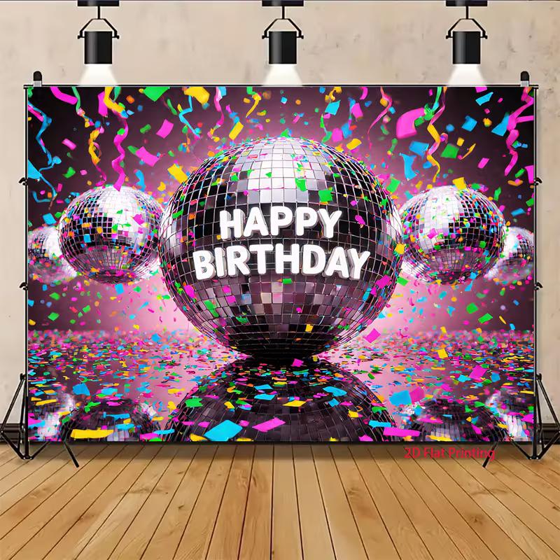 2D 70s Disco Birthday Backdrop with Colorful Confetti Studio Background