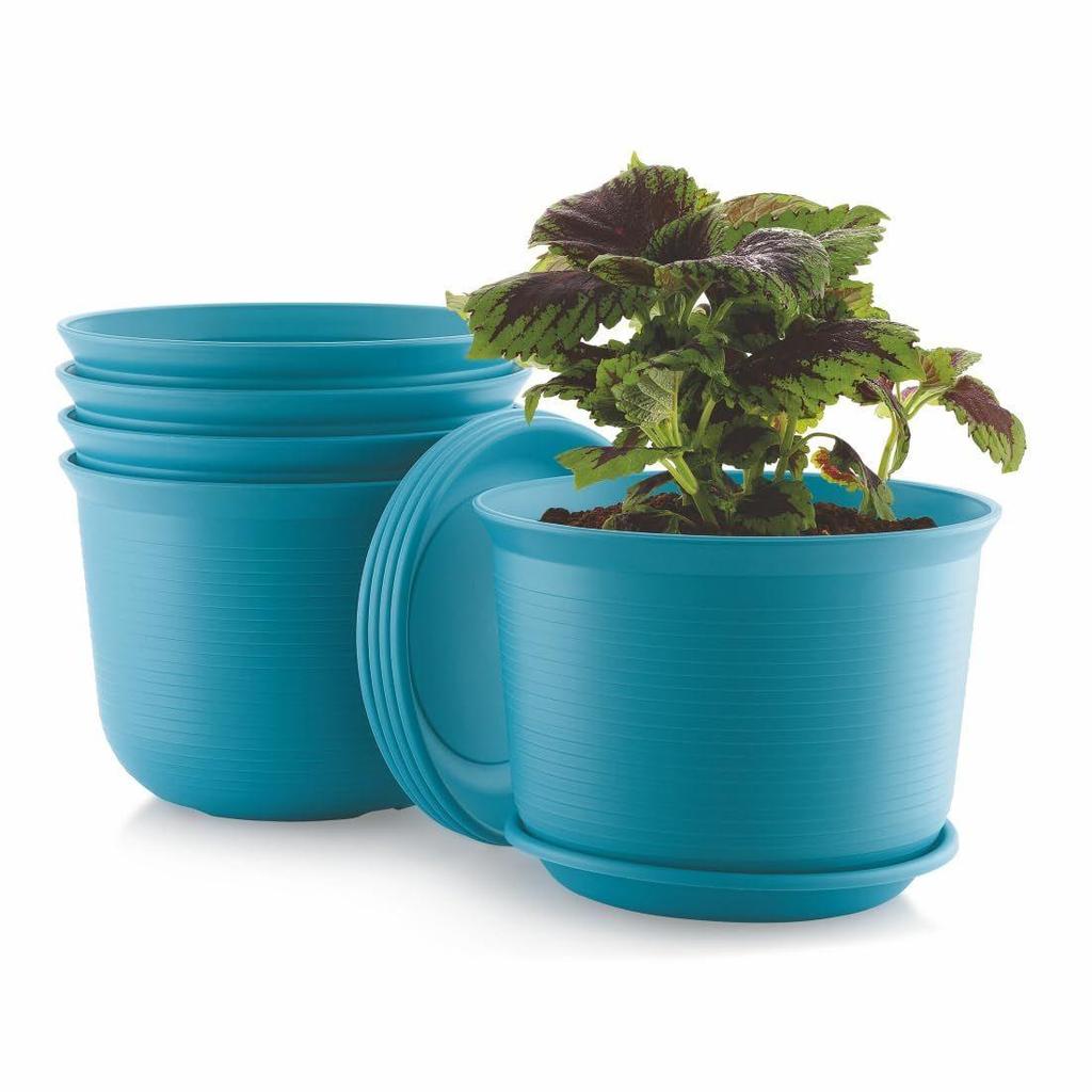 10 Inch Plastic Round Flower Pots with Tray for Home Planters, Terrace, Garden Etc | Pack of 05 | Peacock | for Home Indoor & Outdoor Gardening Plants
