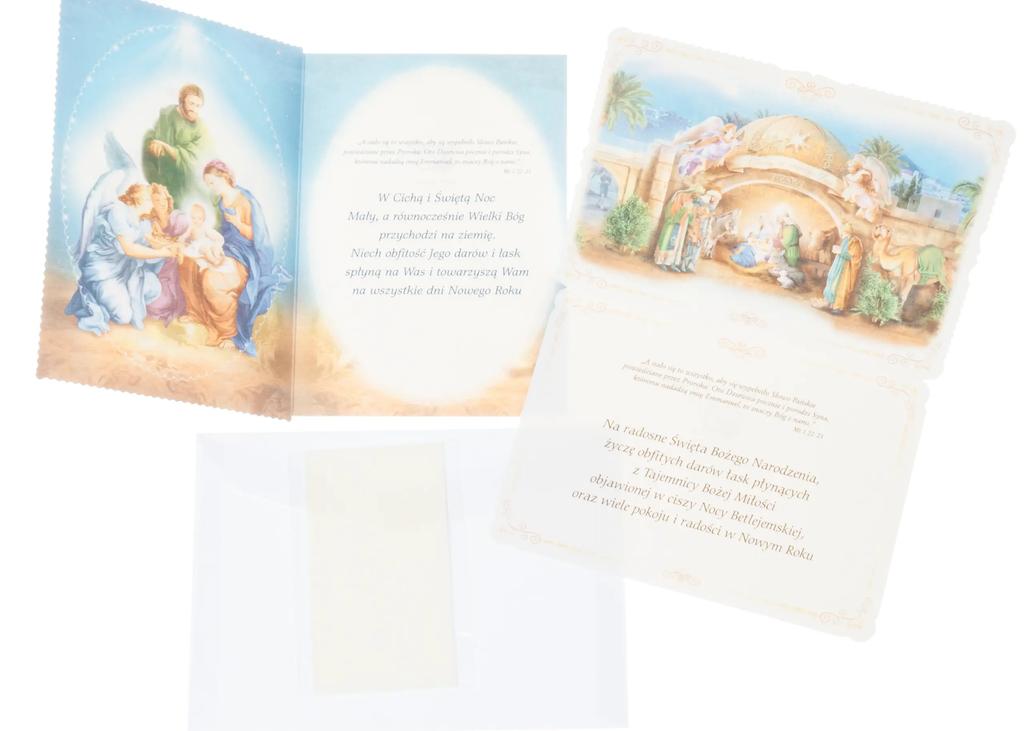 Kartki świąteczne z opłatkiem, złoceniami i religijnymi życzeniami - 10 szt.