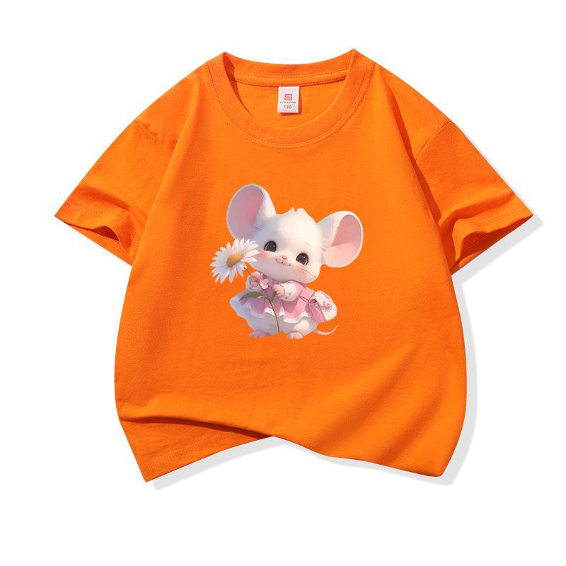 Kids Cotton T Shirt Cute Mouse Holding Daisy Print Crew Neck Short Sleeve Tee Casual Boys Girls Summer Tops