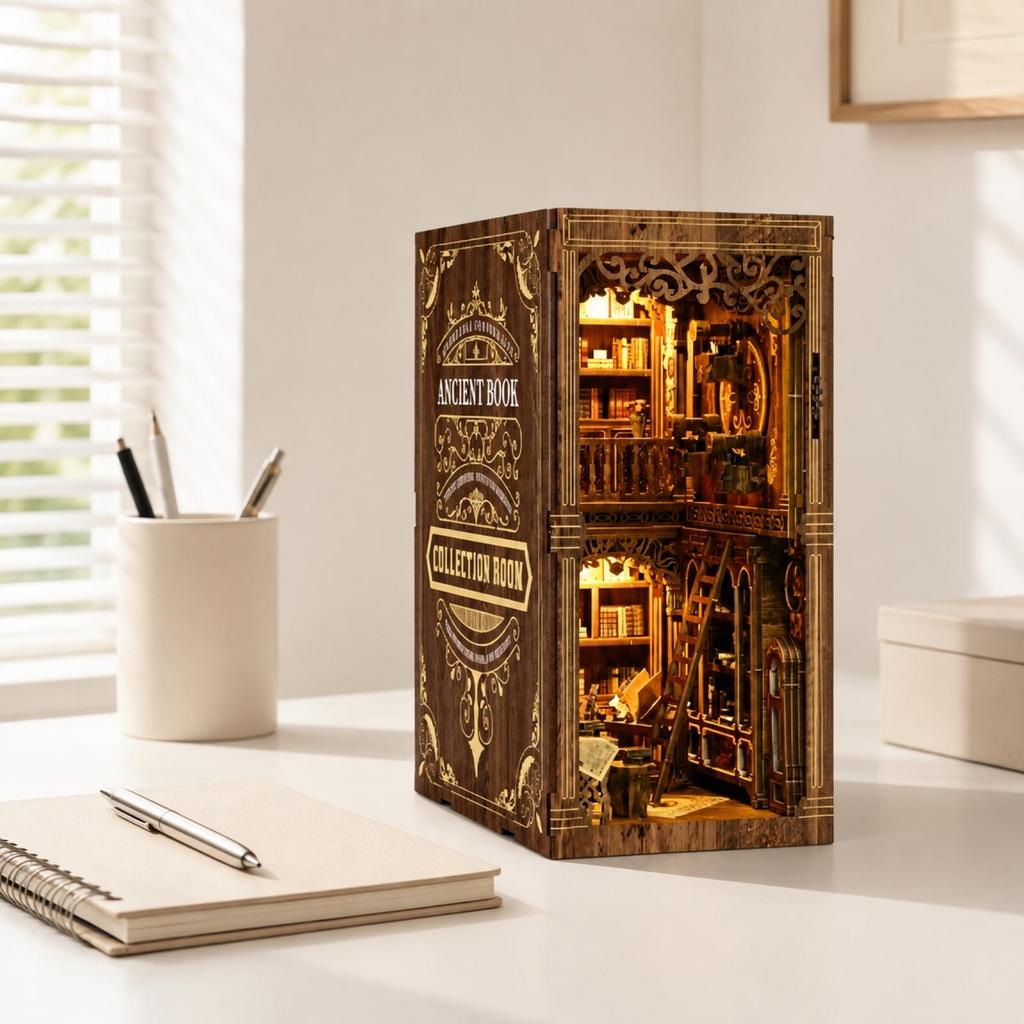DIY Miniature Literary Shelf Ornament Warm Glow Cut Wooden Bookend Model No