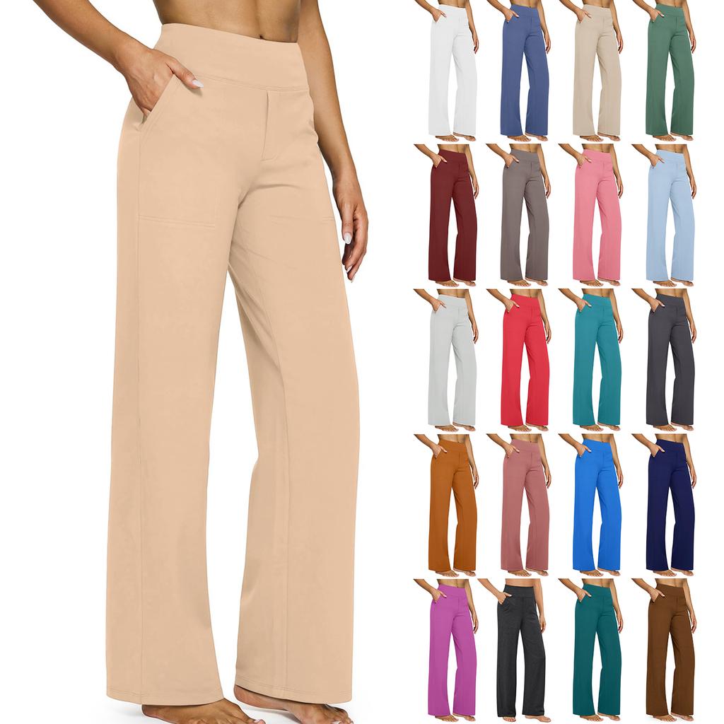 Women's Casual High-waisted Straight-leg Pants, Loose Pocket Yoga Pants