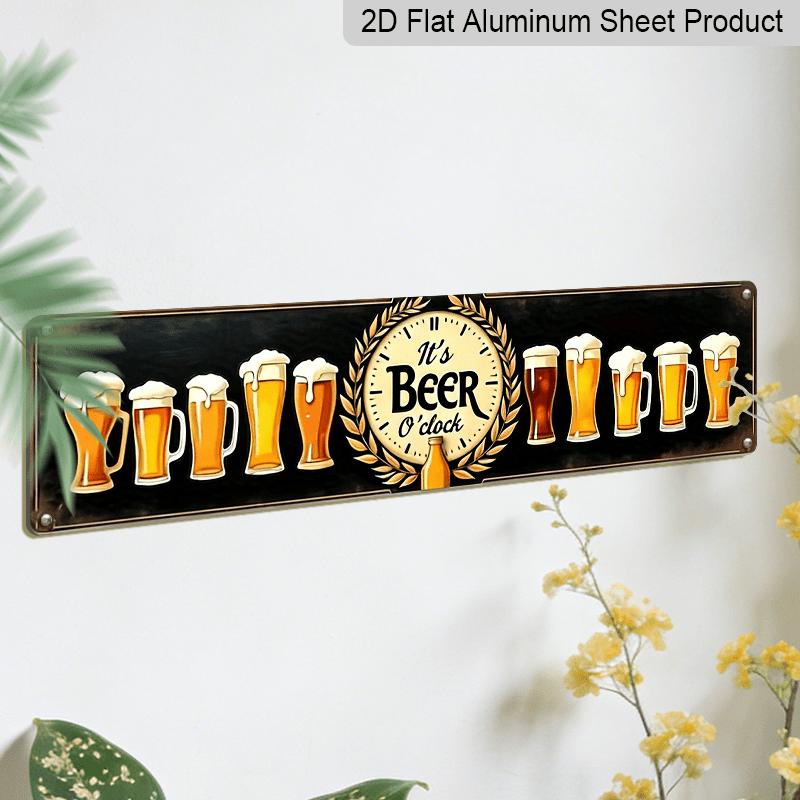 2D Flat, Rustic "It'S Beer O'Clock" Metal Wall Decor - Vintage Pub Sign with Beer Illustrations Alumium Decorative Sign, 3.93X15.74inch, Durable