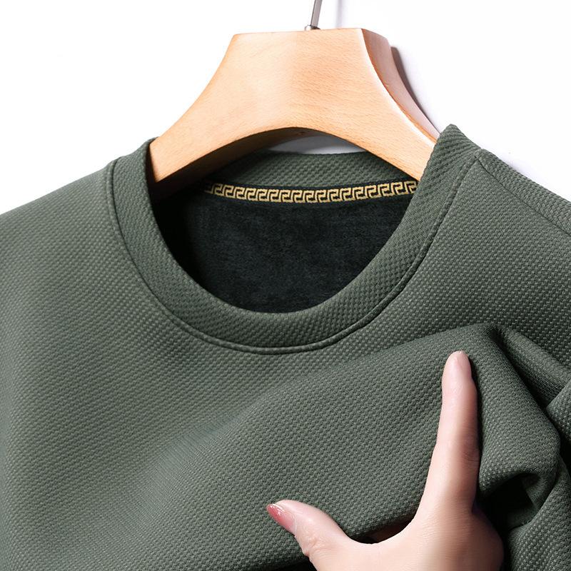 Autumn And Winter Velvet Thickened Crew Neck Sweater Men'S Pineapple Grid Solid Color Warm T-Shirt Casual Versatile Bottoming Shirt