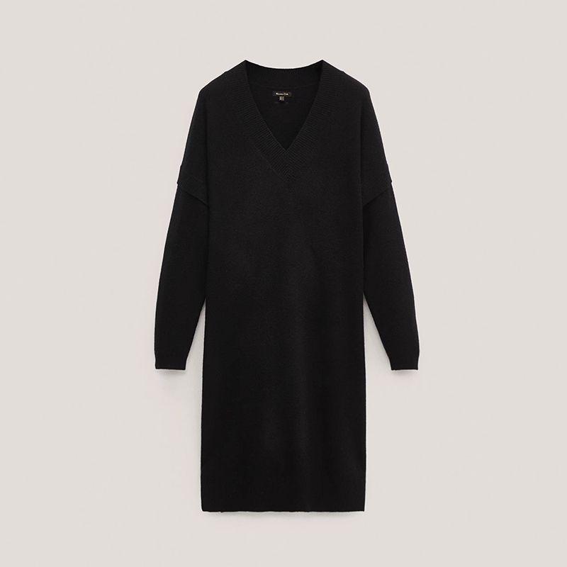 

MD Women clothes Winter New V-neck Fleece Blended Fashion Simple Style Knit sweater Dress 06649554800 Black XS
