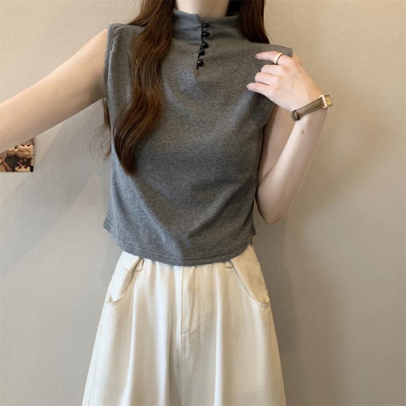 Women's Gray Sleeveless High-Collar Slim Fit T-Shirt with Buttons and Custom Logo