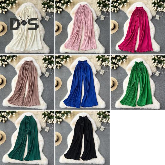 Pantaloni pentru femei cu talie înaltă elastică, cu șnur ajustabil, stil plisat, pantaloni largi, pantaloni casual de culoare solidă