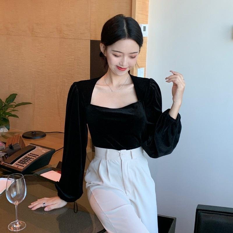 

Early Autumn Women s New French Shirt Square Neck Long Sleeve Golden Velvet Slim Shirt Women s Top S