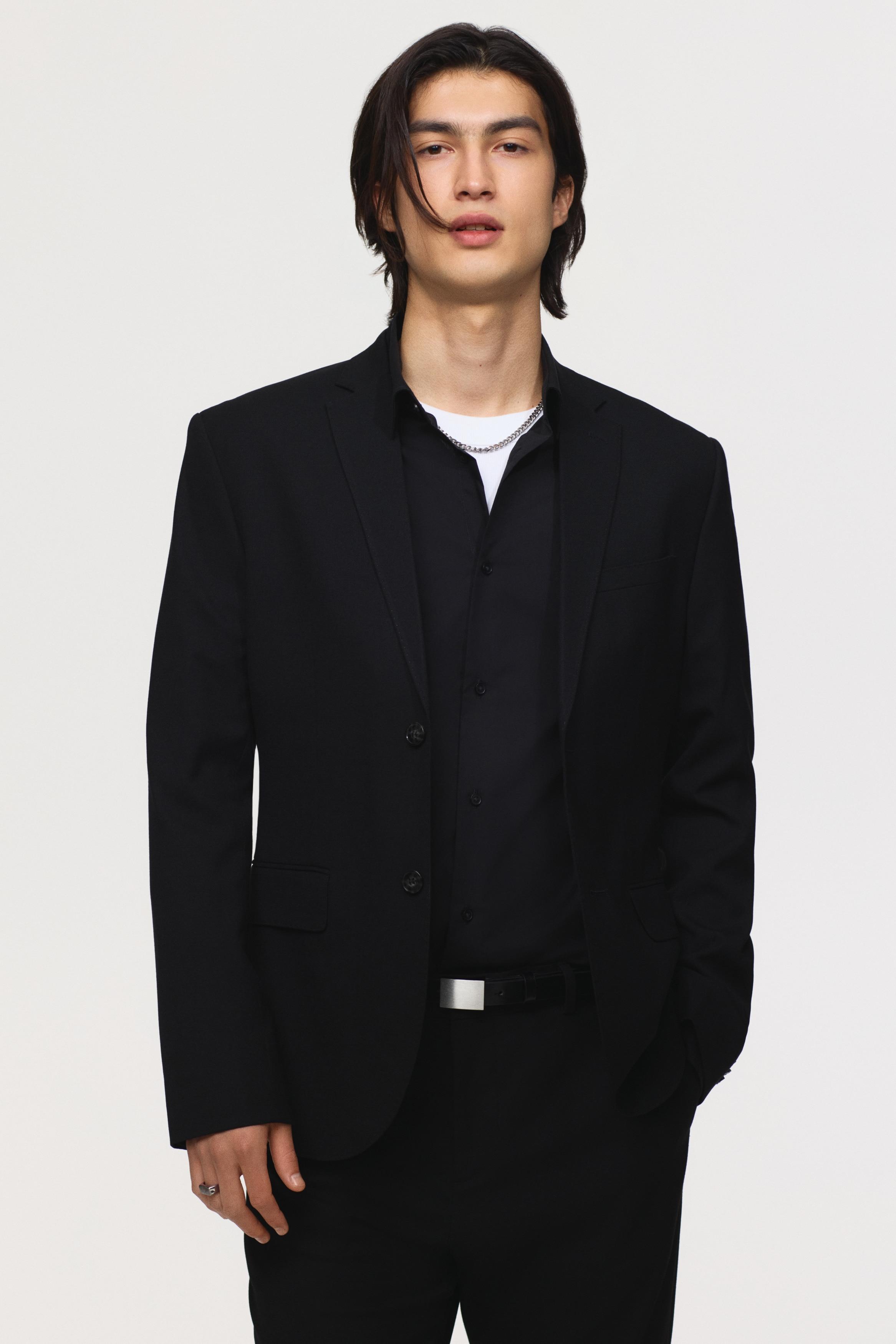 Однобортный пиджак HM Slim Fit черного цвета 42