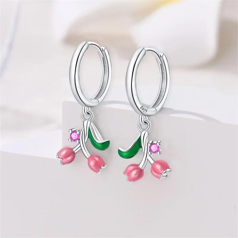 New 925 Silver Bee Butterfly Pink Lily Lotus Earrings for Women Cherry Apple Strawberry Ear Studs Elegant Party Jewelry