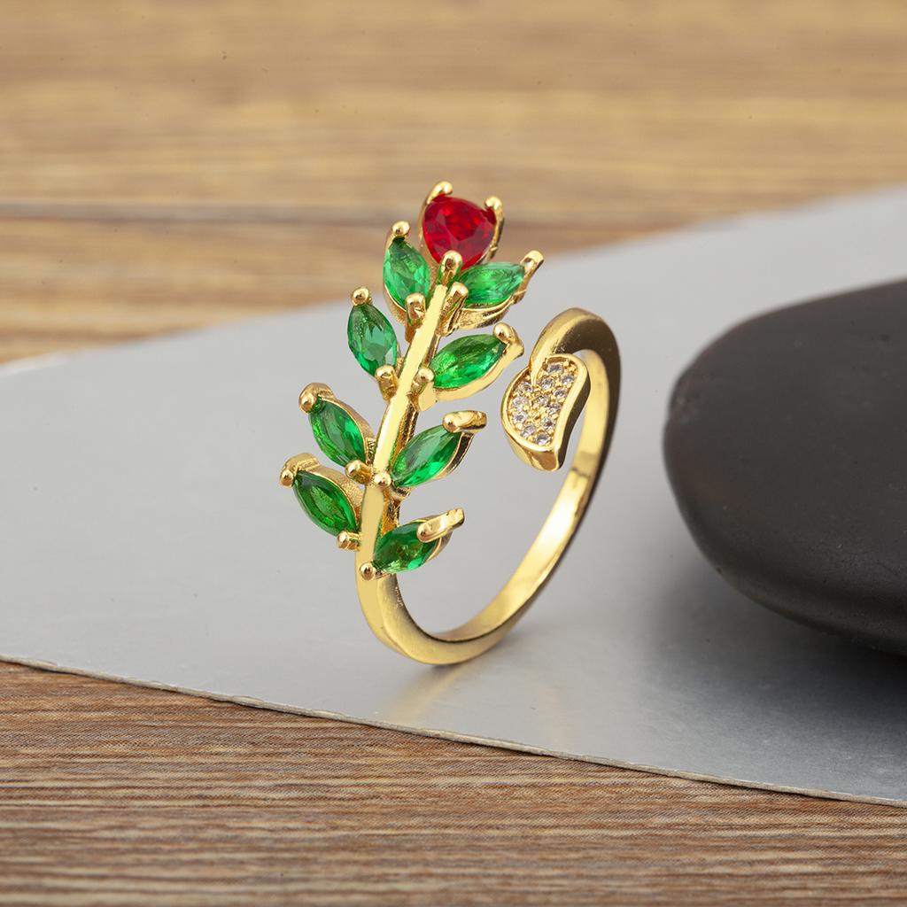 Nidin New Trendy Leaf/Water-drop/Flower Shape Inlaid Green Zircon Open Rings Adjustable For Women Temperament Finger Jewelry