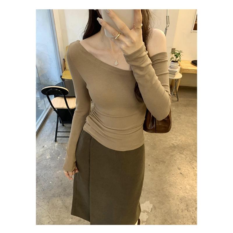 Elegant Spring Autumn Women's T-shirt 2026 Slim Fit Casual New Off Shoulder Top Fashion Long Sleeve Blouse Solid Color Sweet Clothing