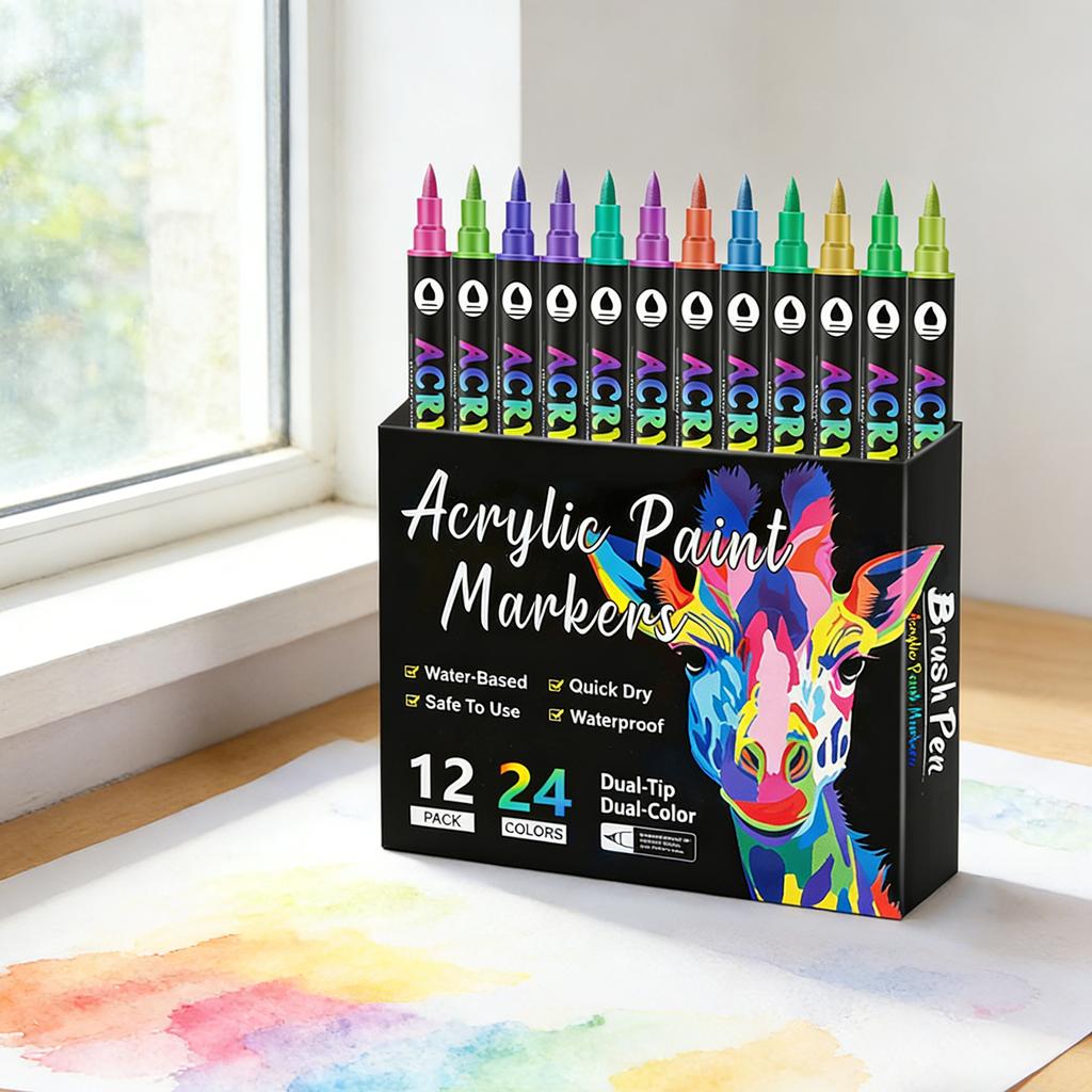 Dual Tip Dual Color Acrylic Paint Markers 12/24 Set for Kids Art Drawing School Supplies Non Toxic Fast Drying Craft Pens
