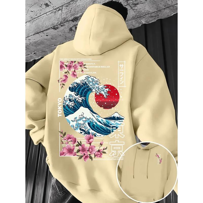 Ukiyo-E Great Wave Kanagawa Hoodie Men Aesthetic Sakura Tokyo Letter Graphic Sweatshirt Oriental Vintage Daily Hooded Pullover