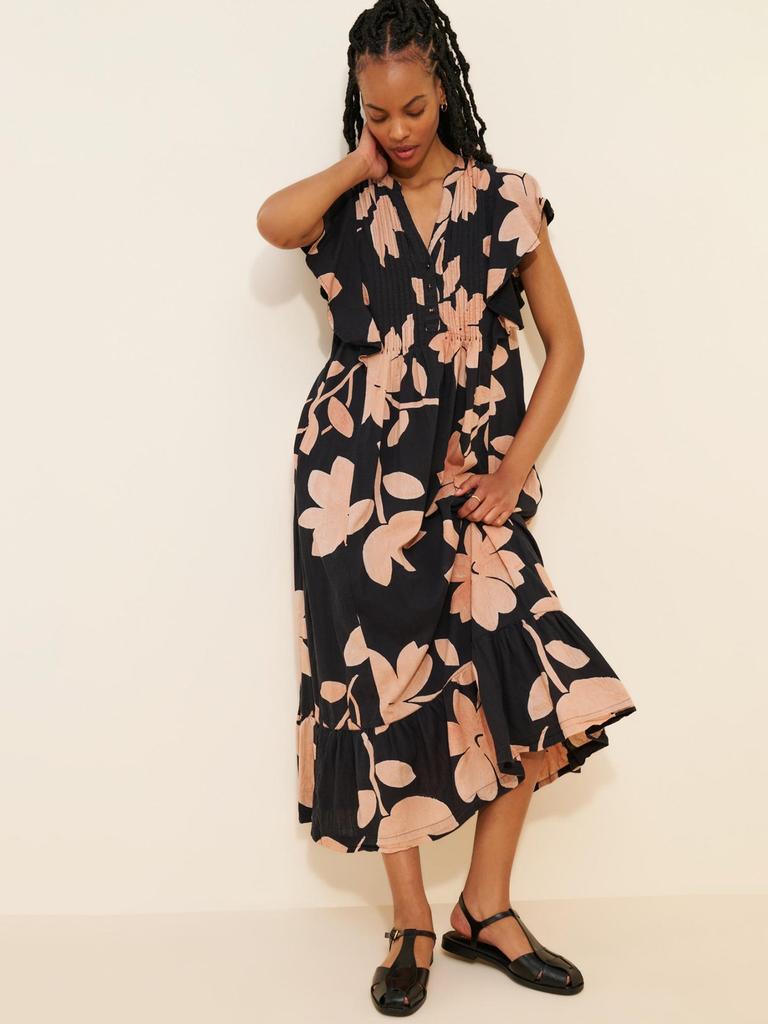 European and American Style Flower Printing V-neck Flying Sleeve Dress Women's Pleated Waist Loose and Thin Holiday Style Big Swing Dress