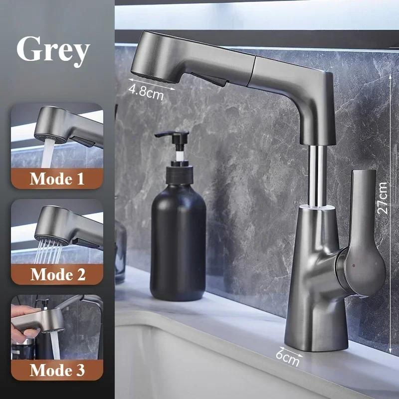 Robinet de salle de bain rotatif à tirette Sortie d'eau chaude et froide Robinet d'évier Sortie d'eau à trois modes Robinet de lavabo de salle de bain Robinet Robinet