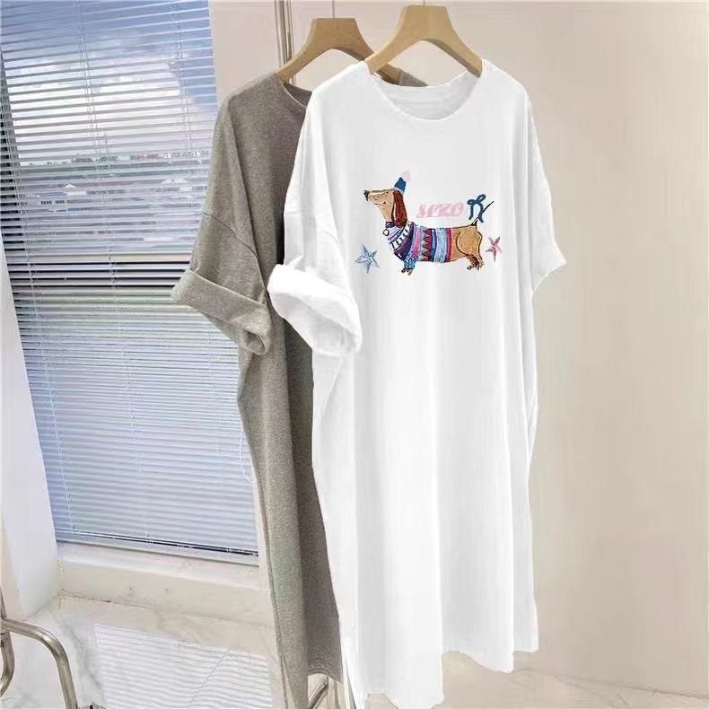 Šaty střední délky Dlouhá sukně Dámské Letní Trendy Nový Korejský Styl Volné Čistá Bavlna Tričkové šaty s krátkým rukávem