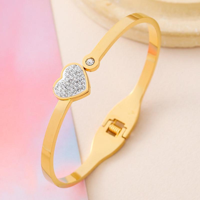 Heart-shaped Zirconia Inlaid Titanium Steel Bracelet for Women - Open Spring European Style.