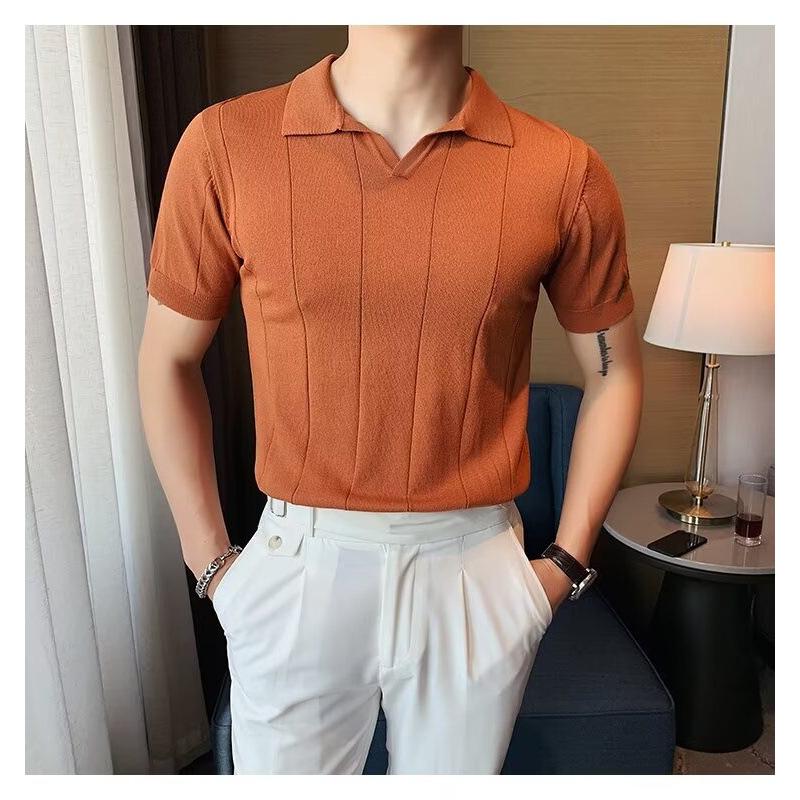Men's Summer Striped Knit Polo Shirt – Short Sleeve, Slim Fit, V-Collar, Business Casual
