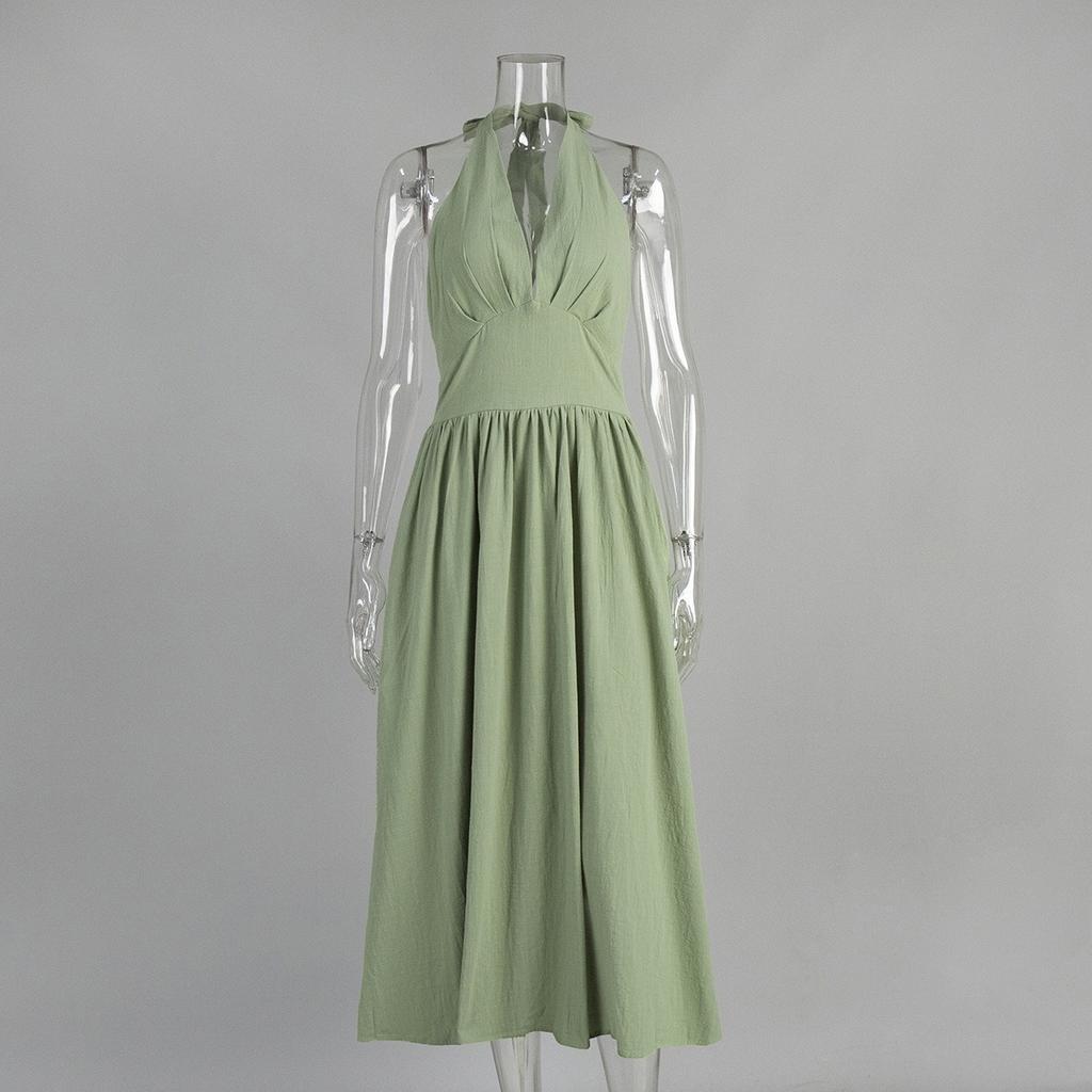 Women's 100% Cotton Long Maxi Dress  Spring Summer V-Neck Tie Waist Flowy A-Line Dress for Women European American Style