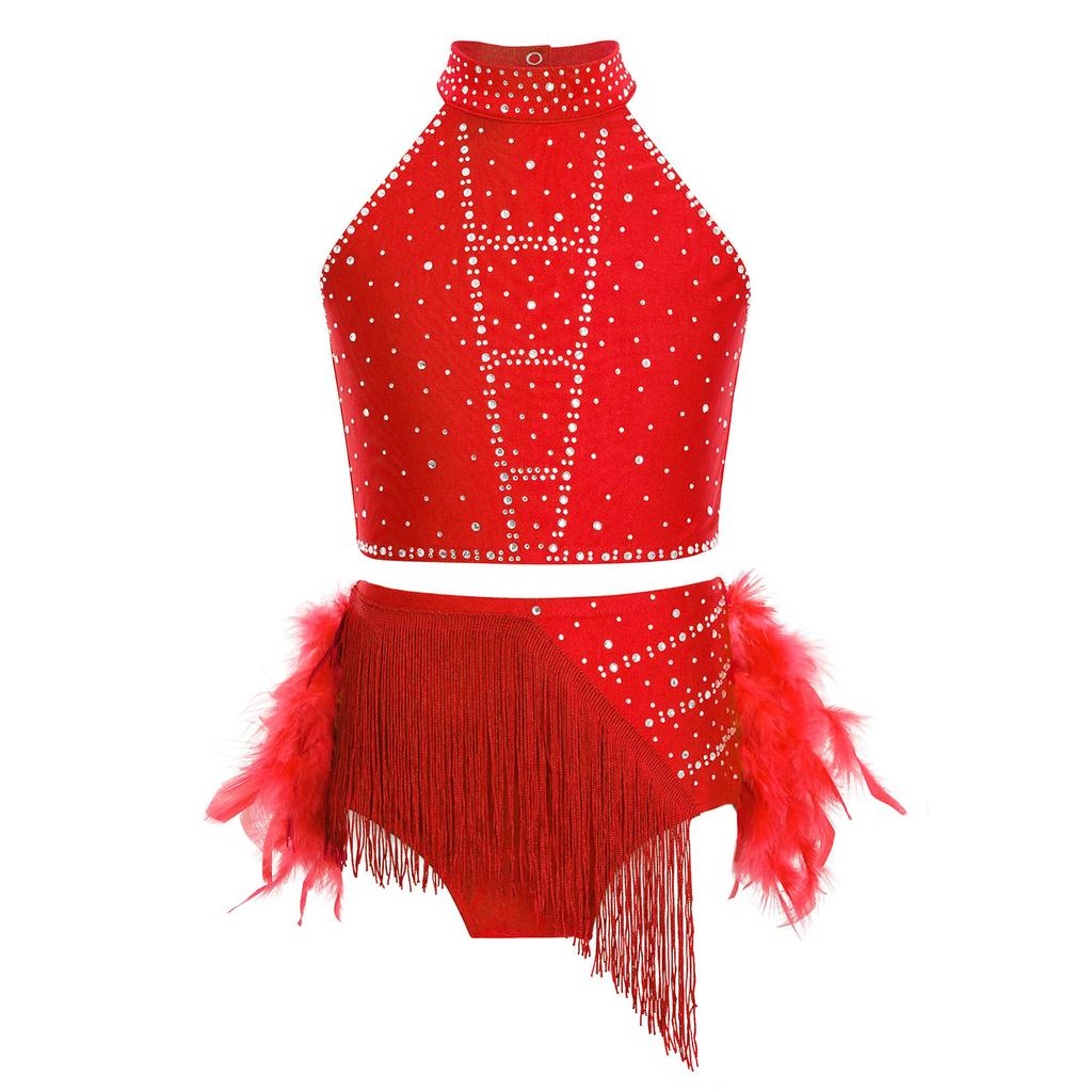 Girls Shiny Tassel Feather Latin Dress Halter Sleeveless Strappy Back Crop Top Skirt Set