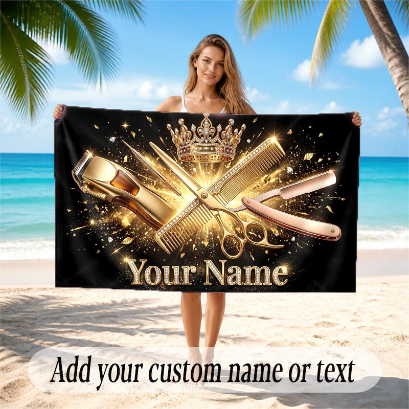 Barber Salon Theme Quick Dry Beach Towel Custom Name Text Print Large Sand Resistant Towel Beach Vacation