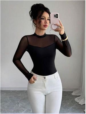 2025 Elegant Women's Solid Color Patchwork Slim-fit Long Sleeve Top for Autumn/Winter