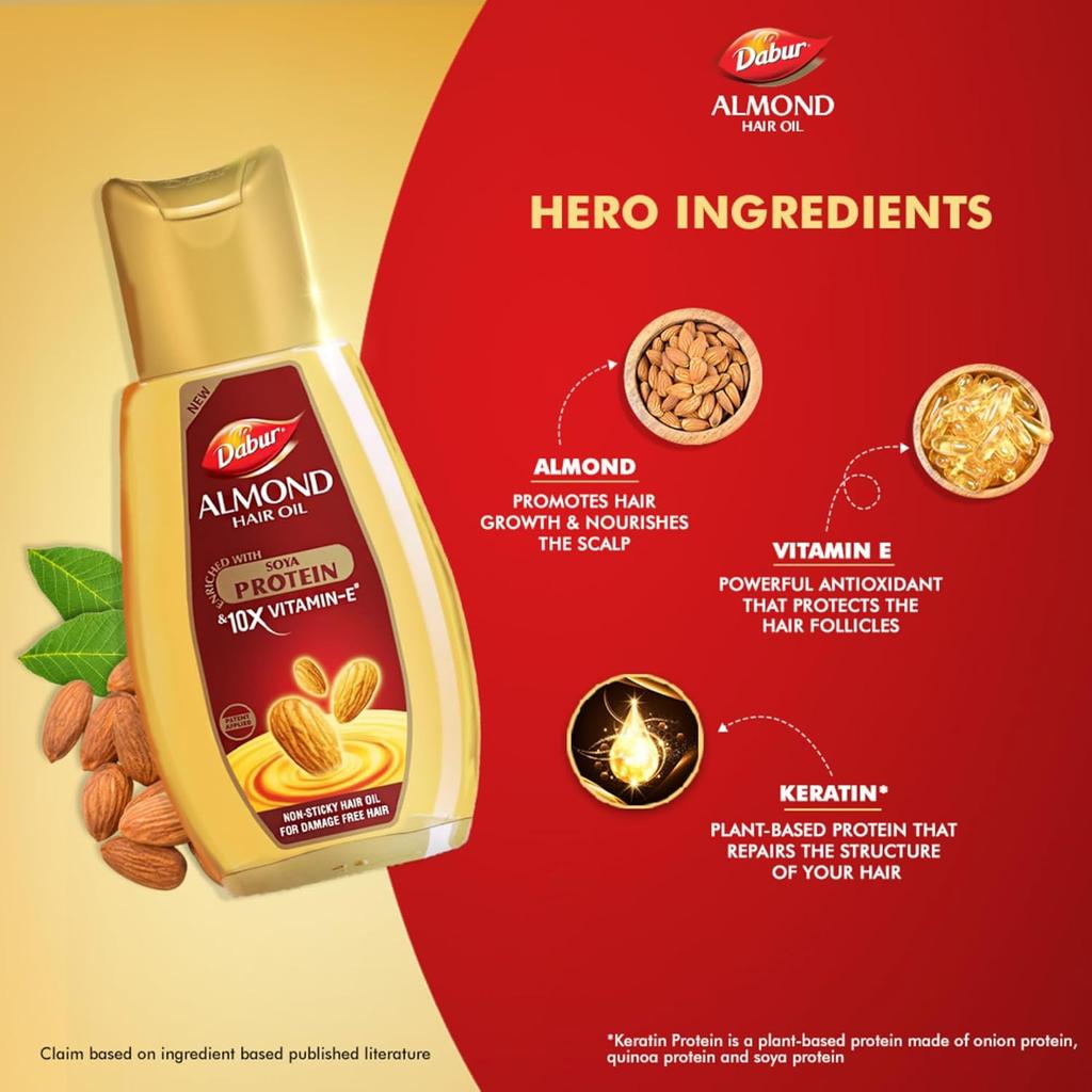 Dabur Almond Hair Oil Pack Of 2 | 500ml Each | With Vitamin E, Keratin & Soya Protein | Non Sticky Formula For Smooth, Soft